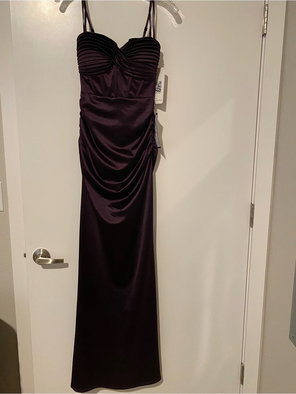 Emerald Sundae Dark Plum Stretch Satin Ruched Corset Spaghetti-Strap Gown 2/4 S